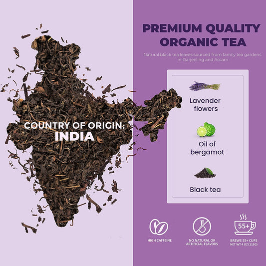 Earl Grey Lavender Loose Tea, Premium Black Tea with Lavender Flowers & Bergamot - Caffeinated - 55+ Cups - USDA Organic & Kosher - 4 oz (113g)
