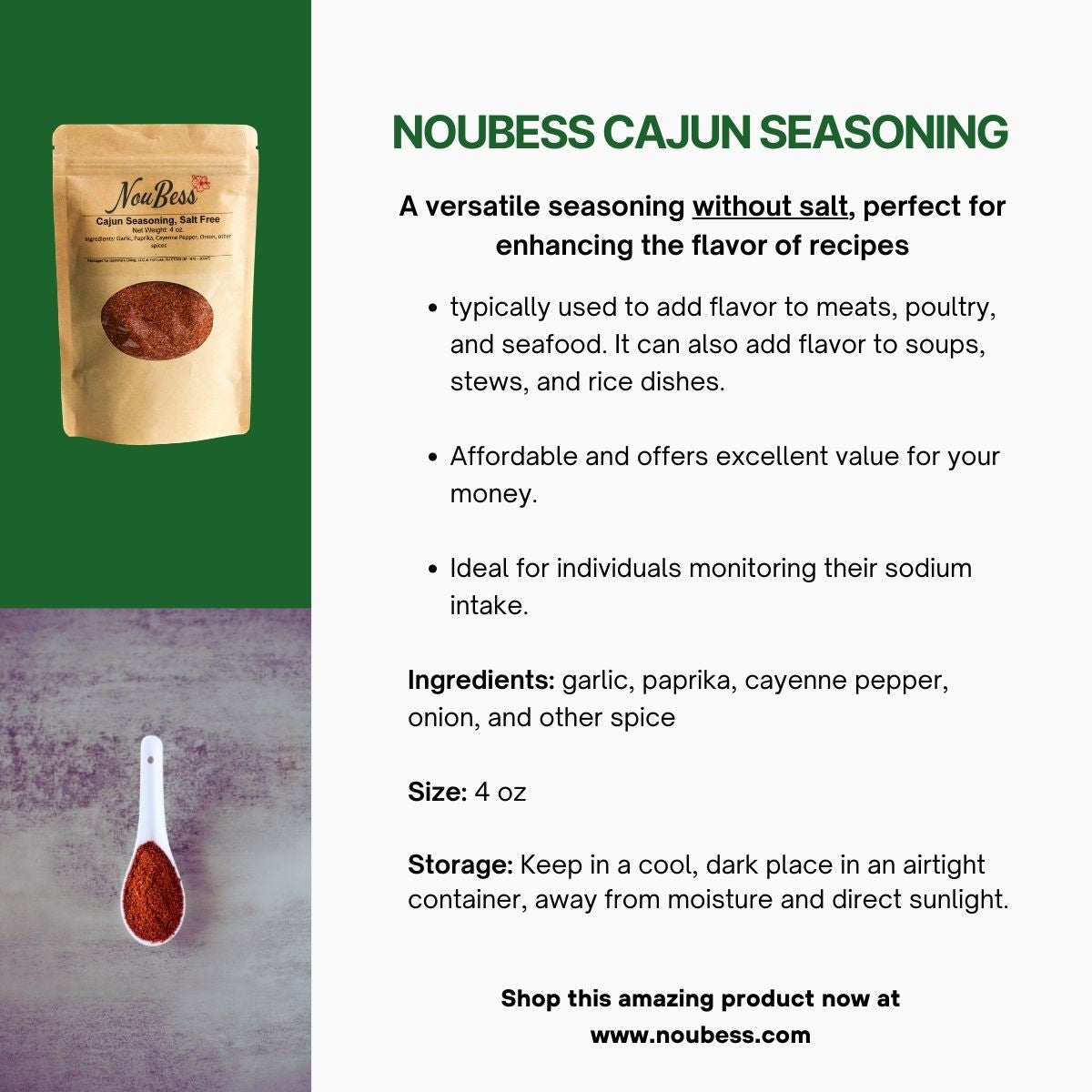 Cajun Seasoning, Salt-Free, 4 oz bag
