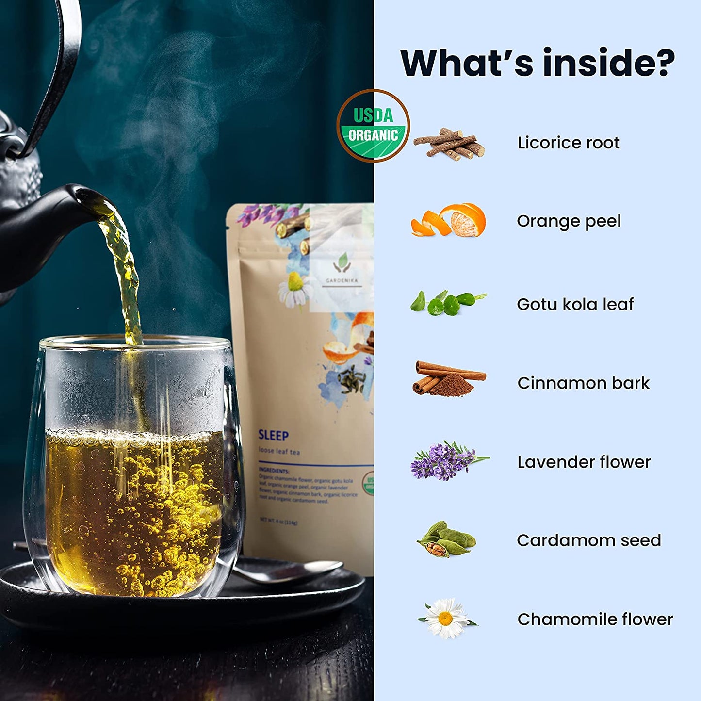 Sleep Calm Loose Leaf Herbal Tea with Chamomile, USDA Organic, Kosher, Caffeine Free - 4 oz (114g)
