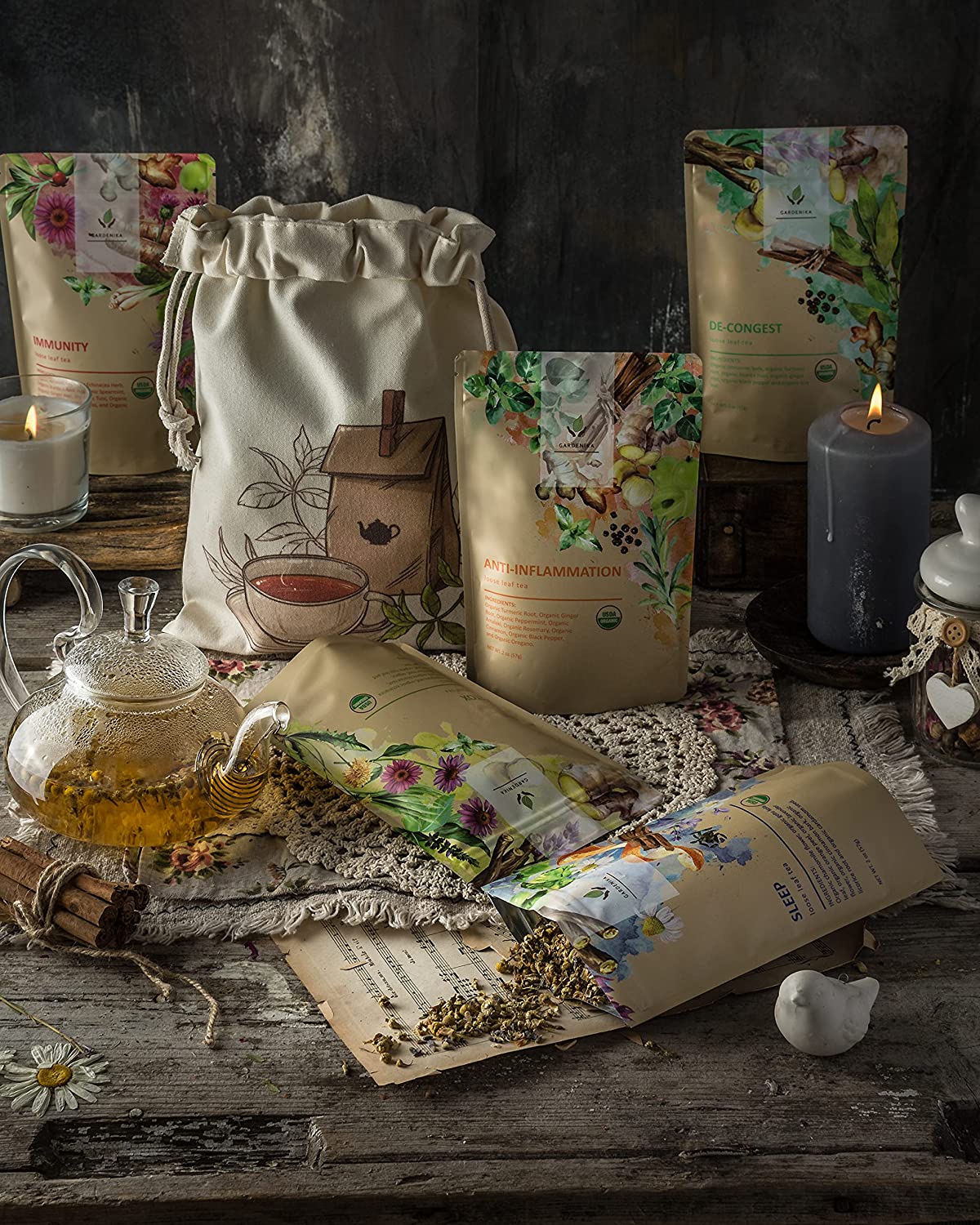Gardenika Loose Leaf Herbal Tea Gift Sampler, USDA Organic, Caffeine Free, 120+ Cups – 5 Pack