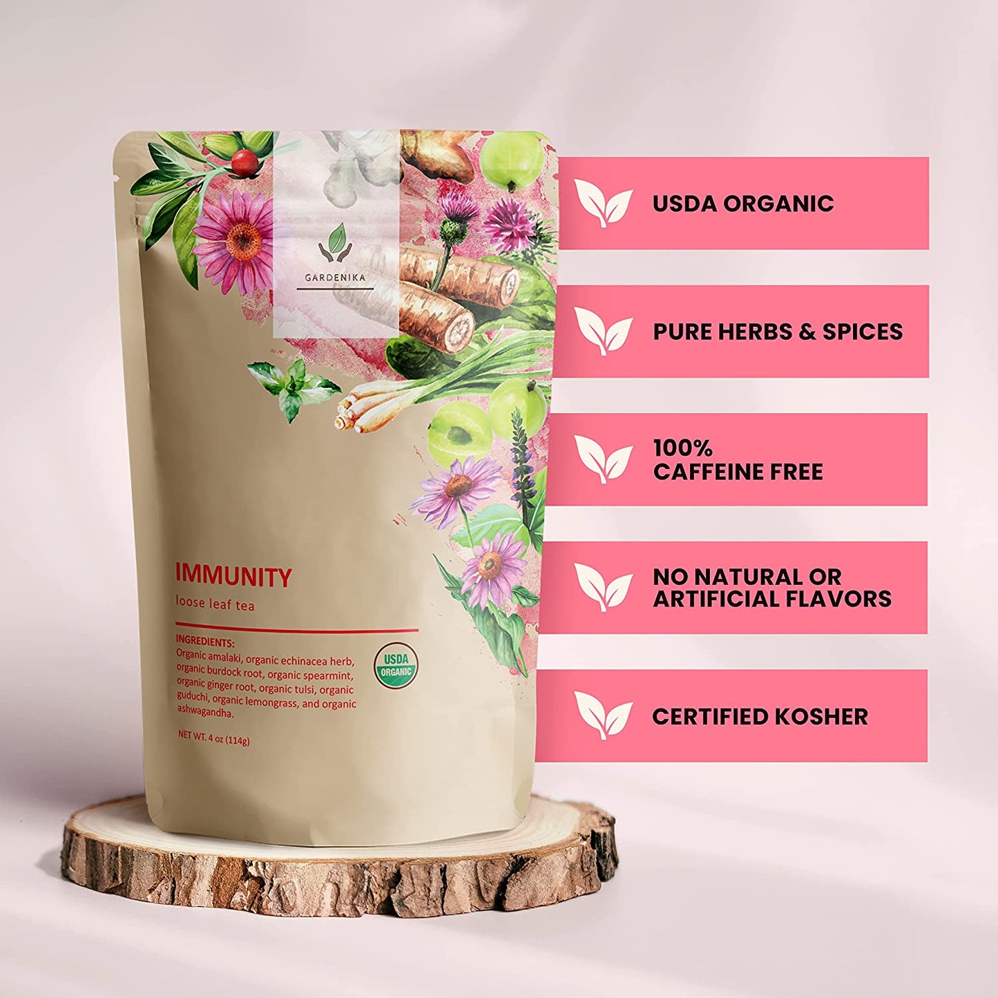 Immunity Loose Leaf Herbal Tea, USDA Organic, Kosher, Caffeine-Free - 4 oz (114g)