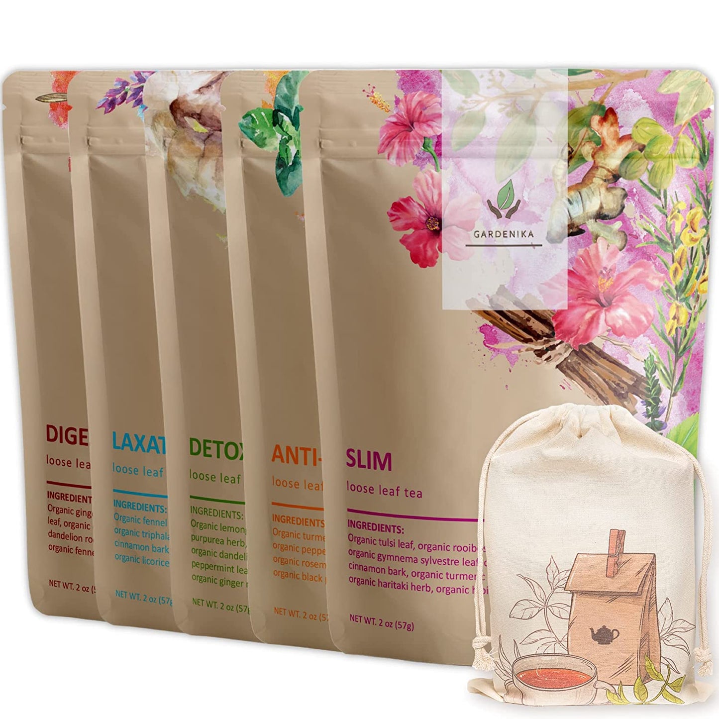 Organic Loose Leaf Tea Sampler, Caffeine-Free Herbal Assortment, 120+ Cups – 5 Pack