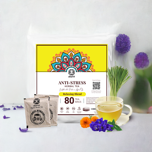 Akshit Natural Anti-Stress Tea (80 Tea Bags), Tulsi Marigold Butterfly Pea Flower Lemongrass Tea Blend , Relax Tea, Caffeine-free, Non-GMO Soothing Tea.