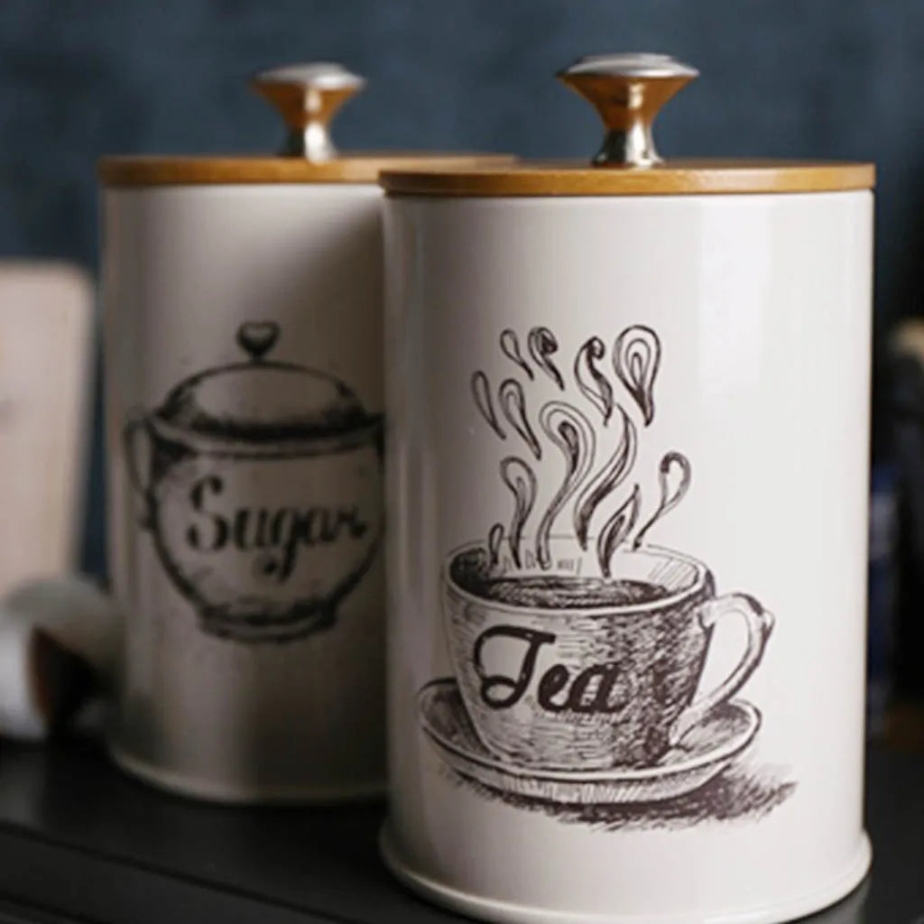 3 Pcs Kitchen Storage Box Tins Food Canister Set Bamboo Lid Tea Coffee Sugar Bread Bin Jar Container