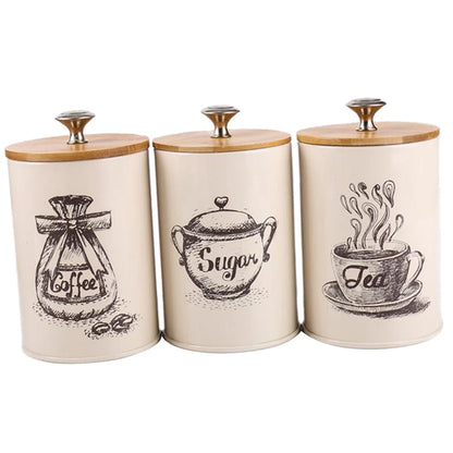 3 Pcs Kitchen Storage Box Tins Food Canister Set Bamboo Lid Tea Coffee Sugar Bread Bin Jar Container