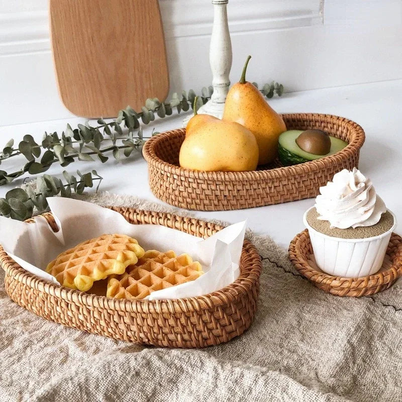 Handmade Round Rattan Serving Tray - Versatile for Kitchen & Dining