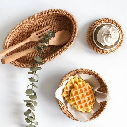 Handmade Round Rattan Serving Tray - Versatile for Kitchen & Dining