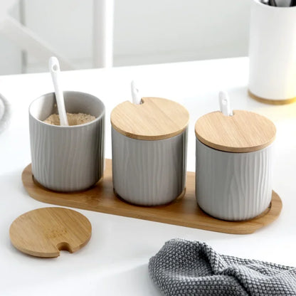 White Ceramic Spice Jar Set with Wooden Lids