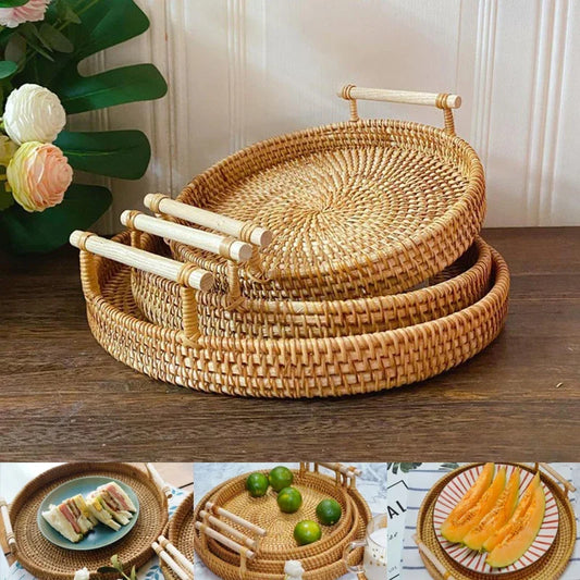 Handwoven Rattan Serving Tray - Versatile for Kitchen & Dining: Fruit, Cake, Snacks etc