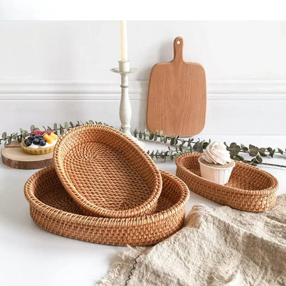 Handmade Round Rattan Serving Tray - Versatile for Kitchen & Dining