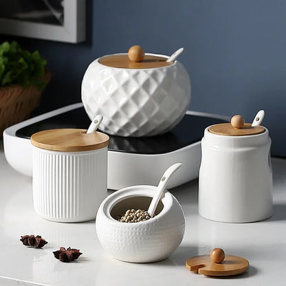 White Ceramic Spice Jar Set with Wooden Lids