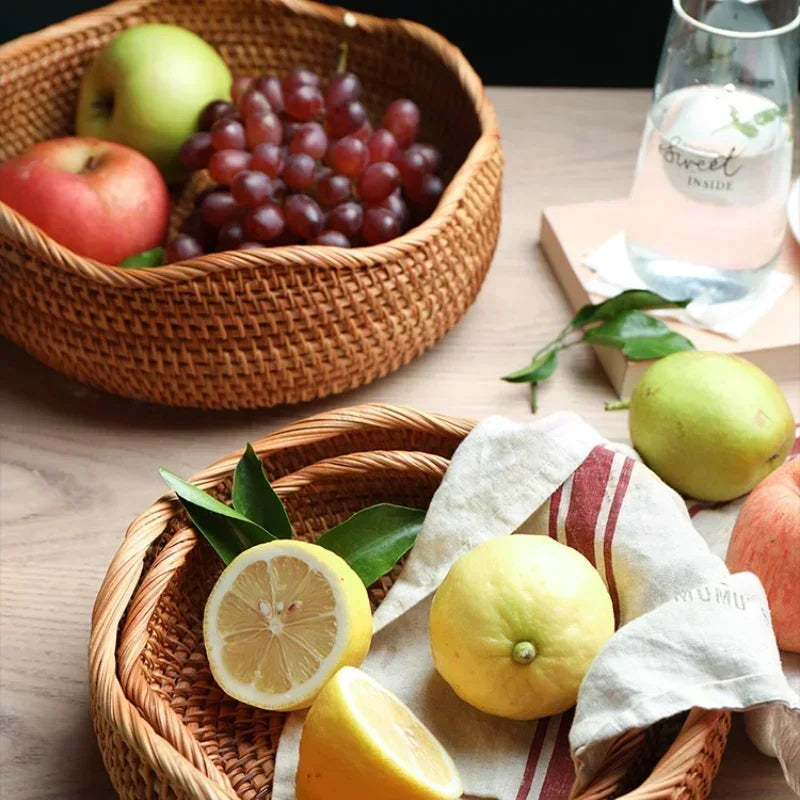 Handmade Round Rattan Serving Tray - Versatile for Kitchen & Dining