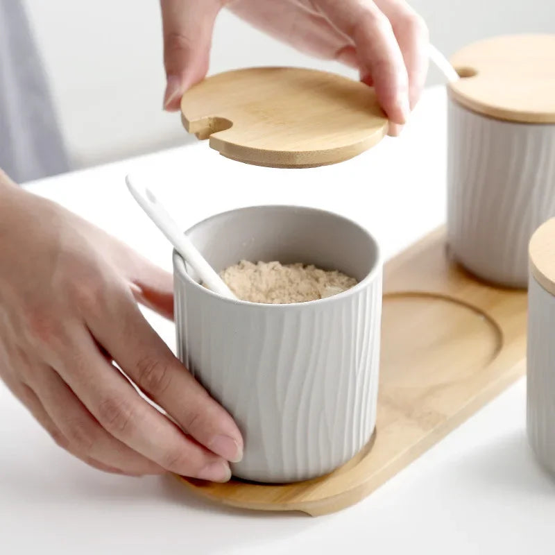 White Ceramic Spice Jar Set with Wooden Lids