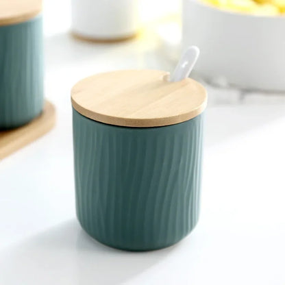 White Ceramic Spice Jar Set with Wooden Lids