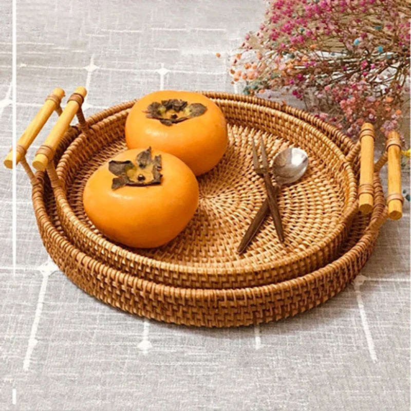 Handwoven Rattan Serving Tray - Versatile for Kitchen & Dining: Fruit, Cake, Snacks etc