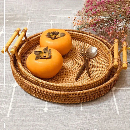 Handwoven Rattan Serving Tray - Versatile for Kitchen & Dining: Fruit, Cake, Snacks etc