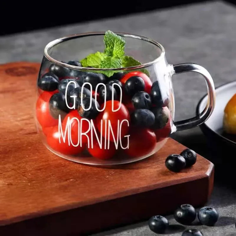 350 ml Letter Printed Transparent Creative Glass Coffee Tea Mug Drinks Dessert Breakfast Milk Cup Glass Mugs Handle Drinkware