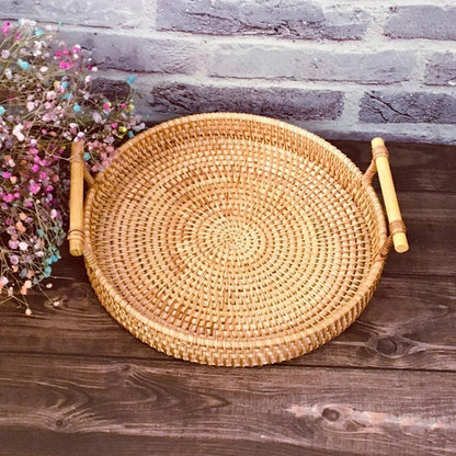 Handwoven Rattan Serving Tray - Versatile for Kitchen & Dining: Fruit, Cake, Snacks etc