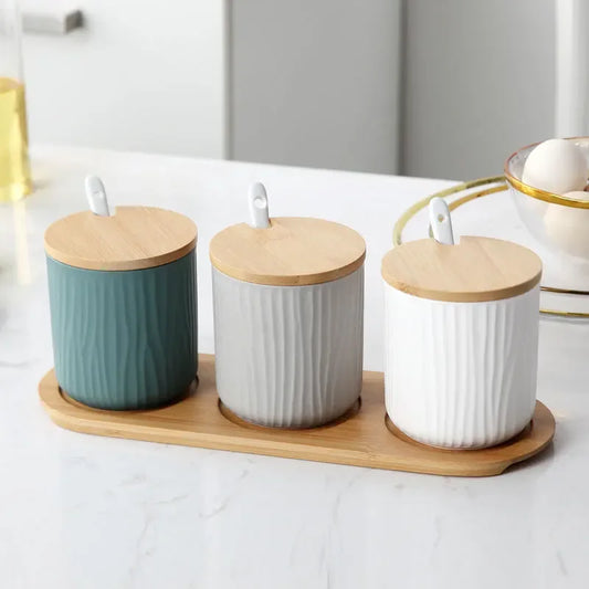 White Ceramic Spice Jar Set with Wooden Lids